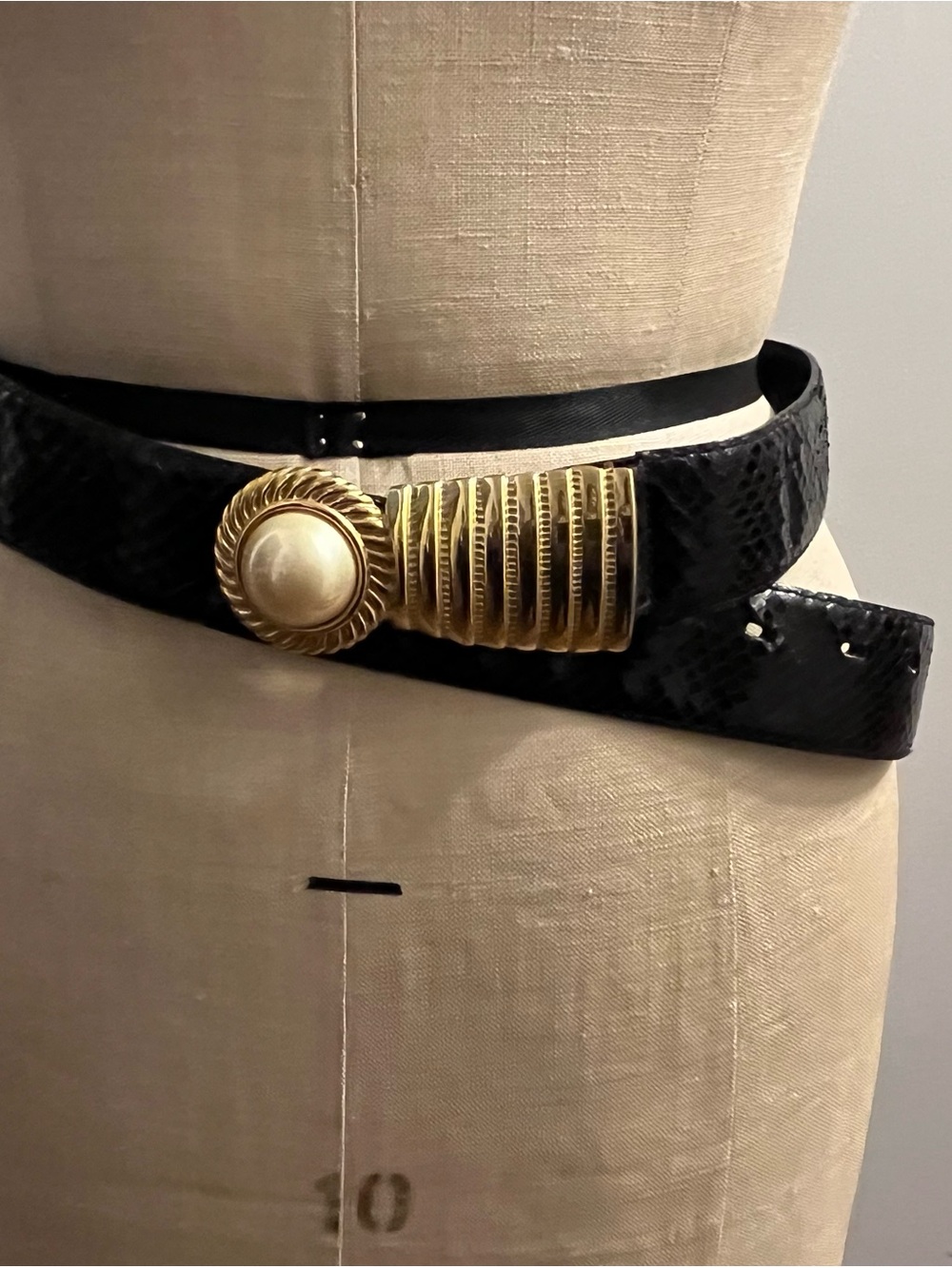 Milor Black Faux-Snakeskin Belt with Gold Pearl Medallion